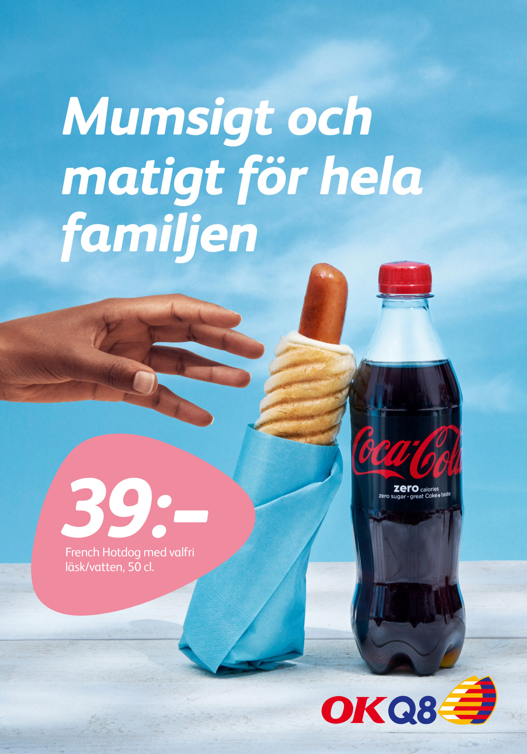 An image of a commercial poster with a hand, a sausage and a bottle of coke